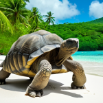 **Prompt:** Giant Aldabra tortoise peacefully roaming a white-sand beach in Seychelles, lush green tropical forest in the background, clear turquoise water.
